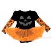 Halloween Max Style Long Sleeve Black Baby Bodysuit Orange Pettiskirt & Rhinestone Pumpkin Face Print JS4779